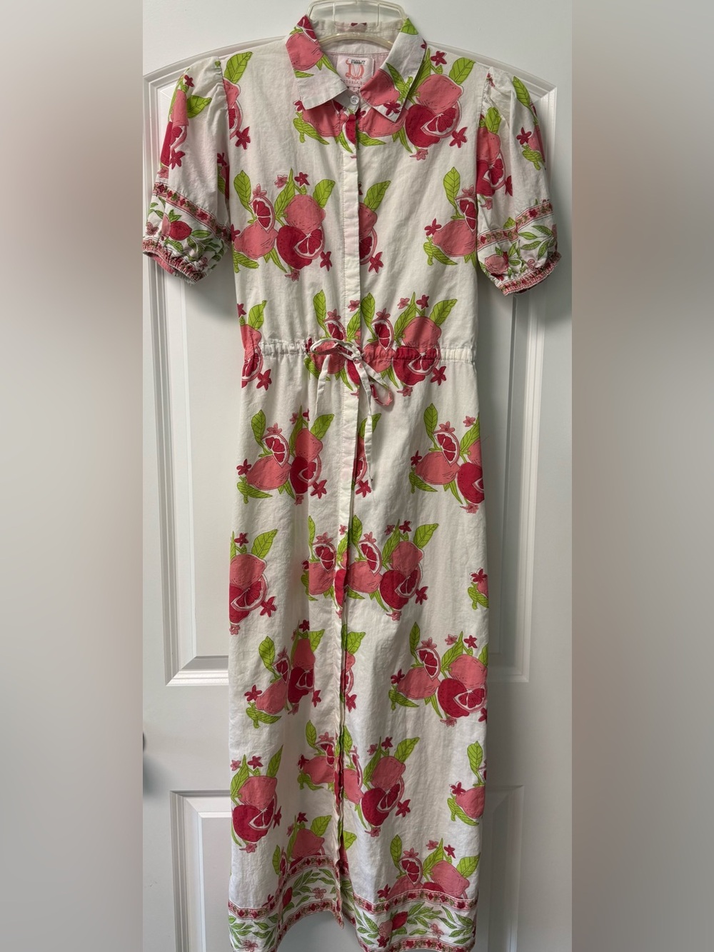 Victoria Dunn White, Pink & Green Leaf Print Dress Sz Small Button Front Flaw